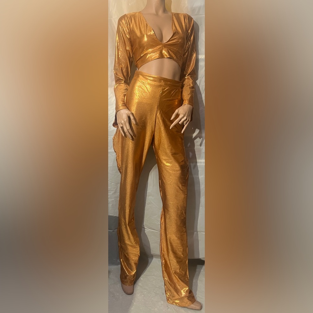 Nice by Nay Metallic Gold Crop Top & High-Waist Pants (Like New)